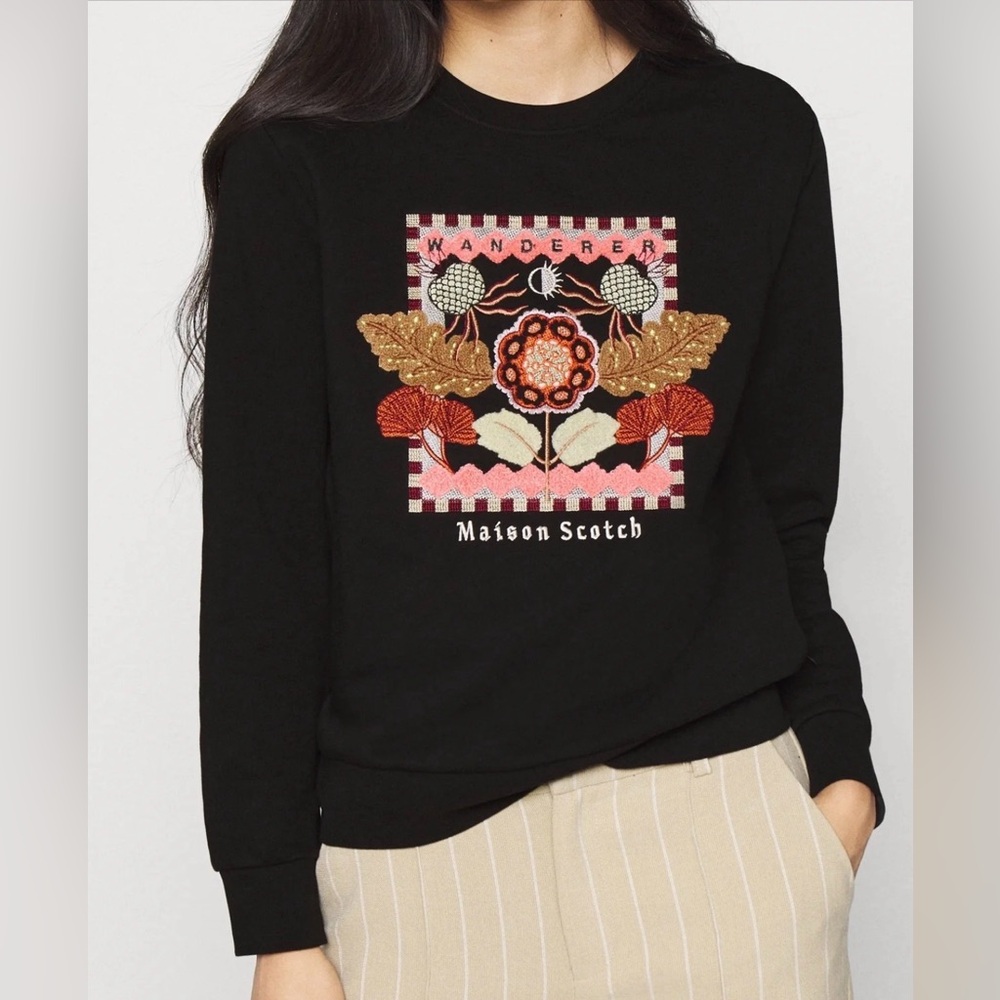 Maison Scotch Wanderer Lamour Toujours Embroidered Graphic Sweatshirt Black M